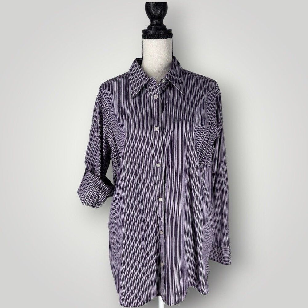 Ralph Lauren LRL Tab Sleeve Blouse Purple Green White Stripe Cotton Size 1X‎